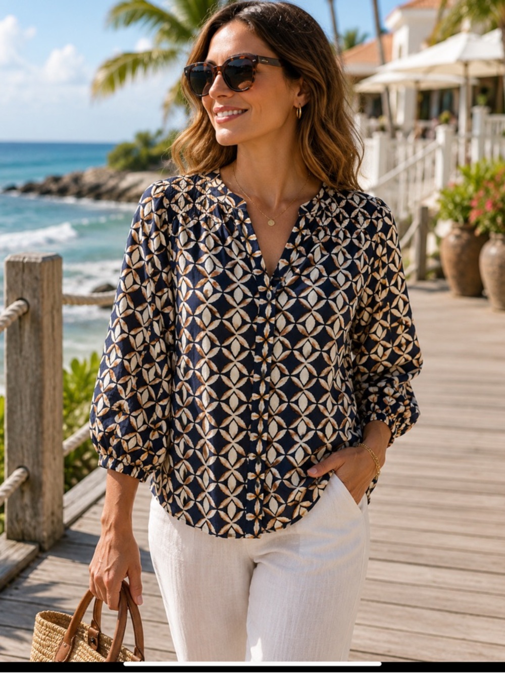 Velvet by Graham & Spencer 100% Cotton Geometric Print Blouse Sz S Boho Coastal